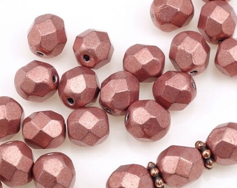25 6mm Pink Beads - Fire Polish Czech Glass Beads - METALLIC BLOOMING DAHLIA Vintage Rose Pink Jewelry Beads - 6mm Round Faceted Czech Beads