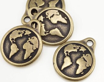 Earth Charms Brass Charms Tierra Cast Antique Brass Oxide Bronze Charms World Charm Planet Earth with Continents for Earth Day (P1252)