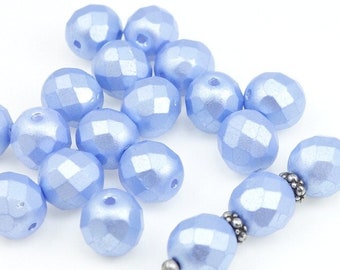 Metallic PASTEL LIGHT SAPPHIRE Blue Beads 8mm Czech Glass Beads Firepolish Fire Polish Round Beads 8mm Beads Light Blue Baby Blue Sky Powder