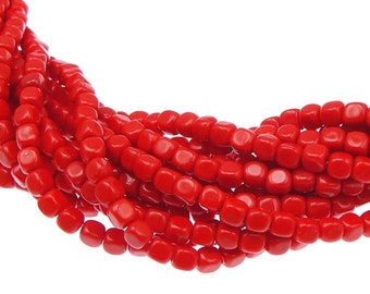 100 4mm Cube Beads OPAQUE RED Bright Candy Apple Red Christmas Red - Czech Glass Beads - Czech Beads - String of 100 4mm Beads