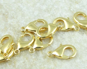 15mm Gold Lobster Clasps TierraCast Bright Gold Plated Lobster Claws Gold Findings for Necklaces and Bracelets Closure Hook (PH53)