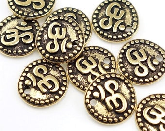 Small Om Charms Gold Charms 11mm Antique Gold Om Coin Charm TierraCast Yoga Charms Mindfulness Meditation Zen Buddhism Buddhist (P362)