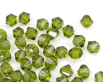 48 OLIVINE 4mm Bicones - Swarovski Bicone Beads - Swarovski Crystal Beads 5301 5328 4mm Beads - Olive Green