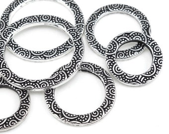 6 Piece Set - Antique Silver Rings Textured Metal TierraCast Spiral Rings size 5/8" 3/4" and 1" Assortment Double Sided Flat Ring Link Charm