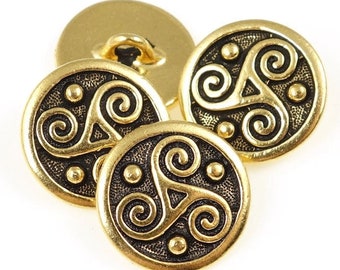 Antique Gold Button Findings - Triskele Celtic Buttons - 16mm TierraCast Leather Jewelry Findings (PF2133)