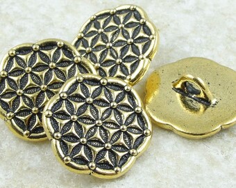 Antique Gold Button Findings TierraCast FLOWER OF LIFE Button Clasp - 16mm Diameter Button Leather Jewelry Making Craft Supplies (pf749)