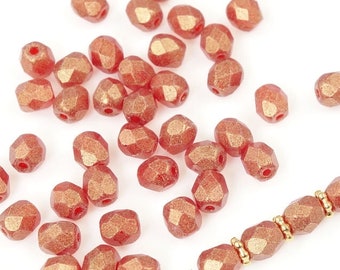 50 4mm Gold and Red Beads - 4mm Beads Firepolish Beads Fire Polished SUEDED GOLD RUBY - Medium to Light Red Beads with Gold Highlights