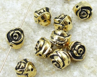 TierraCast ROSE BEADS - Antique Gold Rose Bud Beads - Gold Beads - Flower Beads - Tierra Cast Pewter  (P154)
