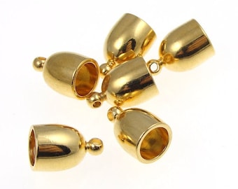 6 Cord Ends - 6mm ID Plated Gold End Caps - Kumihimo Findings - Bullet Shape Leather Cord Caps (KH41)