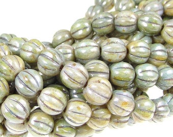 Earthy Green 8mm Pumpkin Beads Czech Glass Melon Beads Luster Opaque Green 8mm Round Beads Pressed Glass