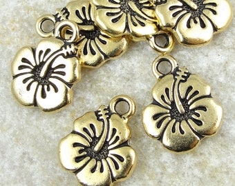 Hibiscus Charm Gold Charms TierraCast Flower Charms Hawaiian Summer Tropical Small 17mm x 14mm Antique Gold Pendant Floral Drop Beach (P787)