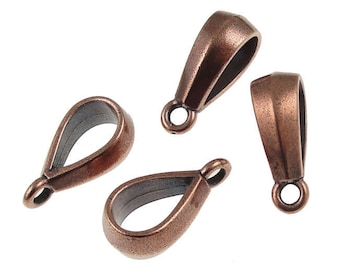 May include: Four antique copper-toned pendant bails with a teardrop shape. The bails have a smooth, slightly textured finish.