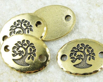 Rivetable Focal Bar Link - Antique Gold Tree of Life Yoga Charms - TierraCast Bird in a Tree Link Leather Findings - Mindfulness (PF761)
