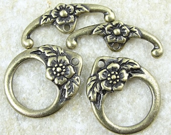 Bronze Toggles - Antique Brass Toggle Clasp Findings - TierraCast FLORAL CLASP Set - Flower Toggle Findings - Large Toggles (PF2014)