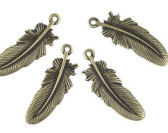 Brass Feather Pendants - 29mm Antique Brass Large Feather Charms Brass Oxide TierraCast Pewter Bronze Metal Beads Native American (P1075)