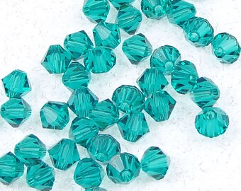 48 Toupies ZIRCON BLEU 4mm - Perles Toupies Swarovski 5328 Perles 4mm - Perles Bleu Vert Sarcelle