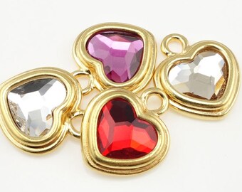 Crystal Heart Charms Gold Charms Custom Color Choice Fuchsia Pink Heart Red Heart Clear Crystal Heart TierraCast Stepped Heart Pendant