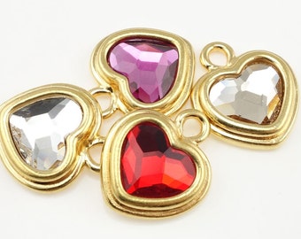 Crystal Heart Charms Gold Charms Custom Color Choice Fuchsia Pink Heart Red Heart Clear Crystal Heart TierraCast Stepped Heart Pendant