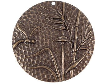 Vintaj DRAGONFLY REED Pendant - Aged Solid Brass Antique Brass Pendant - 42mm Pond Theme Bronze Charm (P130)