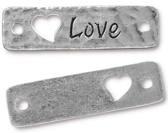 TierraCast LOVE Link - Antique Silver Rivetable Heart Focal Bar for Leather Jewelry - Leather Bracelet Supplies Jewelry Making (PF741)