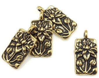 Antique Gold Charms Floating Lotus Flower Pendant TierraCast Charms Gold Flower Yoga Charms for Mindfulness Jewelry Meditation (P166) (P166)