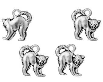 Scary Cat Charms -18mm Antique Silver Charms - TierraCast Pewter Frightful and Delightful Collection Halloween Charms Spooky Cat (P1154)