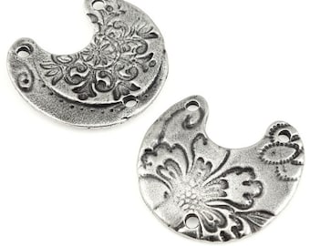 Silver Pendant TierraCast Flora Crescent Link - Dark Antique Silver Jewelry Supplies 2-1 Necklace Link Findings with Flower Design (P1445)