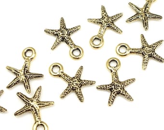 Tiny Seastar Charms Gold Sea Star Fish Starfish Charms - 10mm x 13mm Antique Gold Charms TierraCast Ocean Collection Beach Charm (P2333)