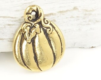 Antique Gold Pumpkin Charms - TierraCast 18mm x 15mm Pumpkin Pendants for Fall Jewelry - Double Sided Autumn Fall Charms (P2306)