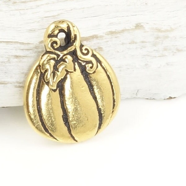 Antique Gold Pumpkin Charms - TierraCast 18mm x 15mm Pumpkin Pendants for Fall Jewelry - Double Sided Autumn Fall Charms (P2306)