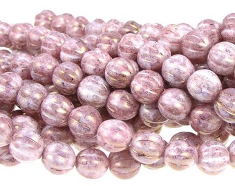 Light Pink Beads 8mm Pumpkin Beads Czech Glass Melon Beads Raspberry Swirl Light Rose Luster Beads  8mm Round Beads Pressed Glass