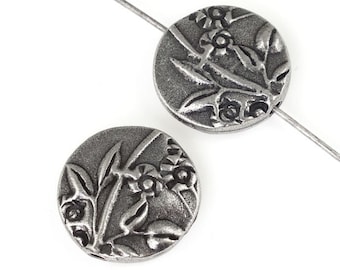 Silver Beads TierraCast Jardin Puffed Beads Dark Antique Silver Floral Nature Woodland Jewelry Beads for Jewelry Making (P1443)