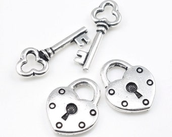 4 Piece Set Antique Silver Charms Heart Lock Charms Heart Key Charms TierraCast Charms Silver Jewelry Beads for Jewelry Making (PMX40)