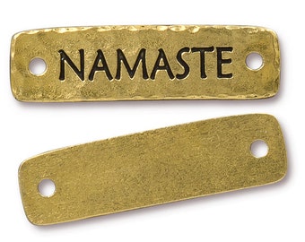 NAMASTE Link by TierraCast - Antique Gold Leather Findings Rivetable Focal Bar Link - Yoga Charms for Meditation Jewelry (PF753)