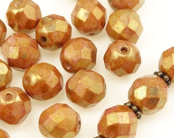 25 8mm Beads Czech Glass Firepolish Fire Polish Faceted Beads - Luster Opaque Rose Gold Topaz - Rustic Beads