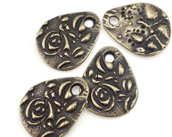 Antique Brass Charms Brass Rose Bud and Leaves Bronze Charms TierraCast SMALL FLORA TEARDROP Charms Bohemian Charms for Jewelry Making p1382