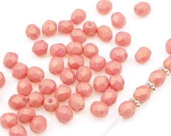 50 4mm Pink Beads - PACIFICA WATERMELON Light Pink Czech Glass 4mm Beads - Fire Polish Firepolish 4mm Faceted Round Beads - Light Coral Pink