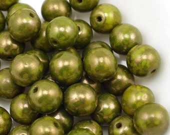 50 6mm Round Beads - OPAQUE OLIVINE MOONDUST - Czech Glass Druks - Dark Olive Green - Fall Autumn Beads