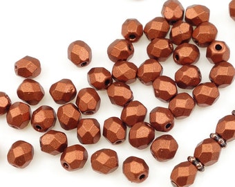 50 4mm Czech Glass Beads - Matte METALLIC ANTIQUE COPPER Beads - Dark Red Copper Brown Beads for Jewelry Making Tiny Firepolish Fire Polish