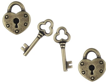 4 Piece Set TierraCast Heart Lock and Key Charm  - Vintage Style Antique Brass Oxide Finish