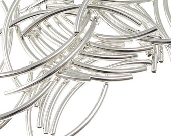 144 Silver Noodle Beads - 2mm x 38mm Silver Plated Curved Tube Beads with 1mm Interior Diameter - Silver Tube Beads Metal Beads (FS51)