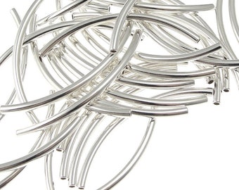 36 Silver Noodle Tube Beads - Silver Plated 2mm x 38mm Curved Tube Beads with 1mm Inner Diameter  (FS51)