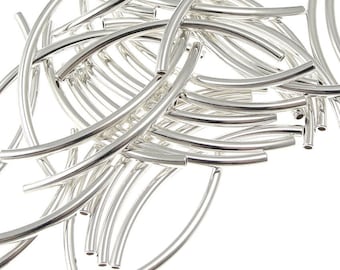 36 Silver Noodle Tube Beads - Silver Plated 2mm x 38mm Curved Tube Beads with 1mm Inner Diameter  (FS51)