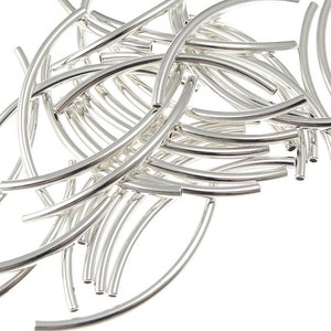 36 Silver Noodle Tube Beads - Silver Plated 2mm x 38mm Curved Tube Beads with 1mm Inner Diameter  (FS51)
