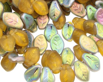 Brown Leaf Beads 25 14mm x 9mm Czech Glass Leaves Matte Frosted Light Topaz Vitral Iced Fall Beads Autumn Beads Golden Leaf Briolettes