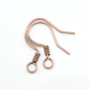 144 Antique Copper Earring Wires Copper Ear Findings Aged Solid Copper Fishhook Fish Hook Coil Accent Earring Hooks French Hooks FSAC41 image 2