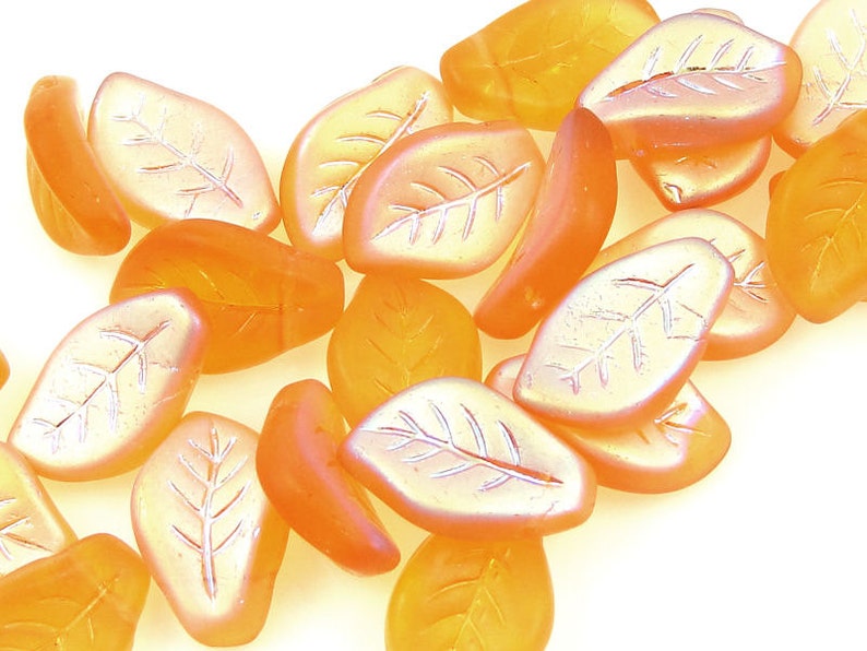 Topaz Leaf Beads 25 14mm x 9mm Czech Glass Leaves Warm Golden Amber AB Matte Frosted Iced Fall Beads Autumn Beads Golden Leaf Briolettes image 4