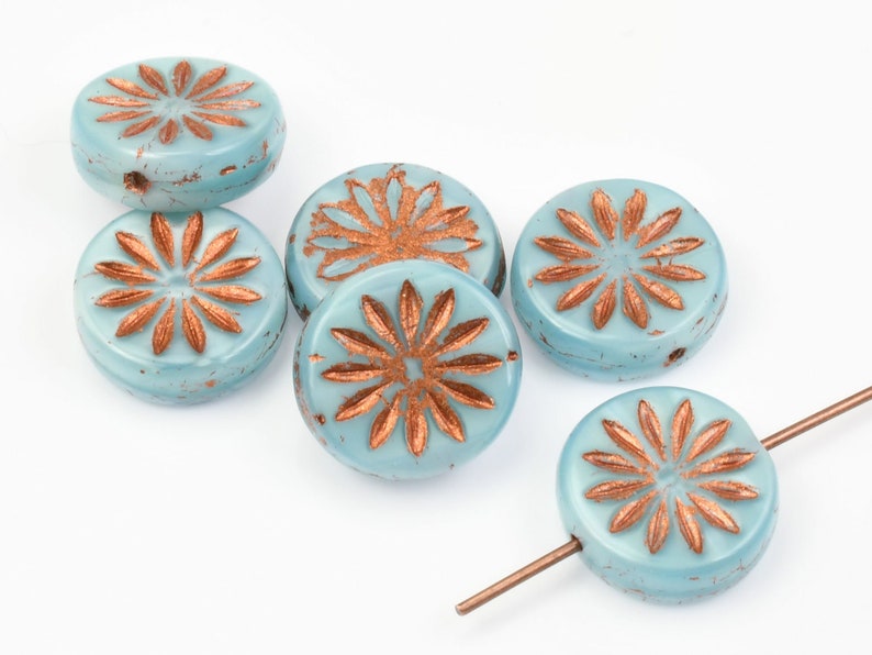 12mm Aster Flower Coin Beads Sky Blue Silk with Copper Wash Czech Glass Beads by Ravens Journey Pastel Light Blue Flower Beads 960 image 1