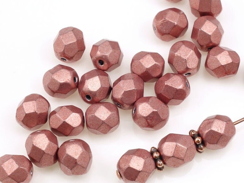 25 6mm Pink Beads Fire Polish Czech Glass Beads METALLIC BLOOMING DAHLIA Vintage Rose Pink Jewelry Beads 6mm Round Faceted Czech Beads image 1