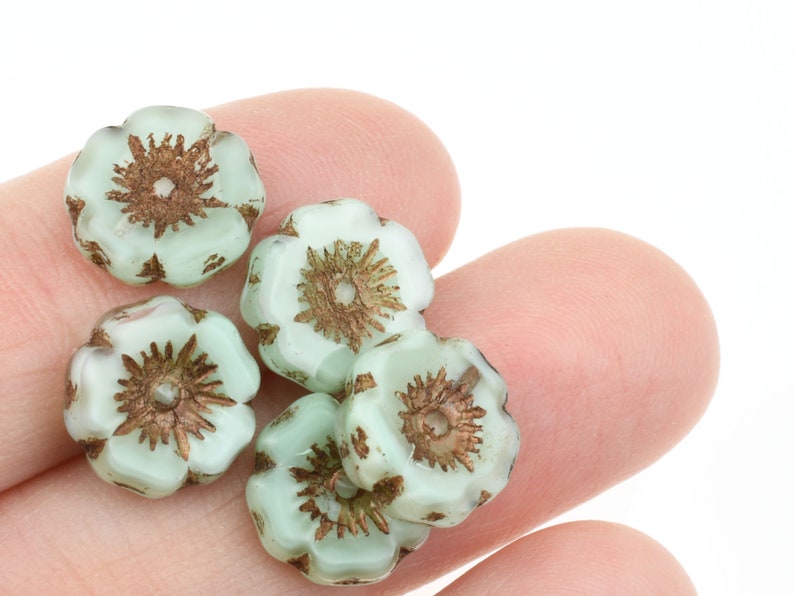 12mm Hibiscus Flower Beads Sea Green Silk with Dark Bronze Wash Mint Green Flower Beads Flat Czech Glass Flower Beads 951 image 6